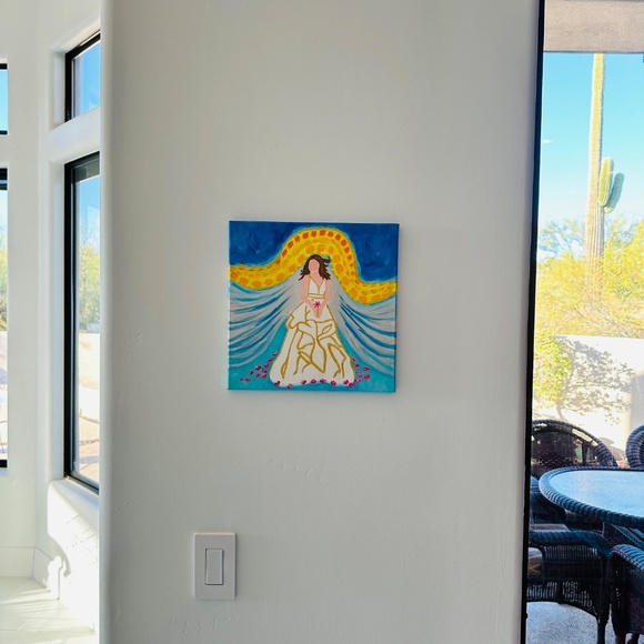 Original Painting Abstract Princess Bride White & Gold Dress Flowers 12" x 12" - Picture 4 of 7